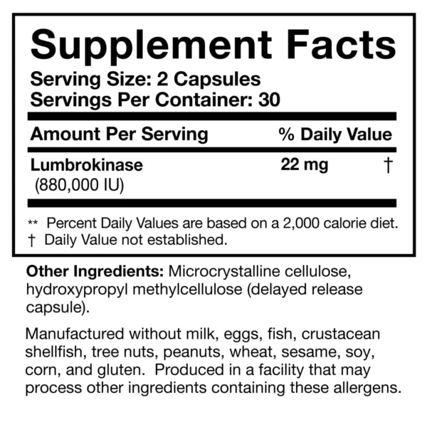 Researched Nutritionals Lumbrokinase Delayed Release 22 mg Ingredients